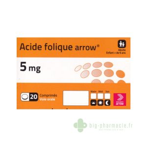 Acide Folique 5mg Arrow, boite de 20 comprimés