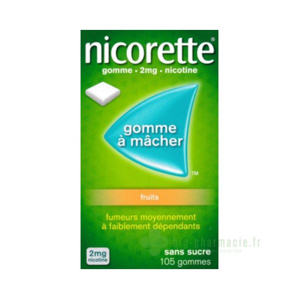 NICORETTE FRUITS 2 mg SANS SUCRE, 105 gommes à mâcher médicamenteuses