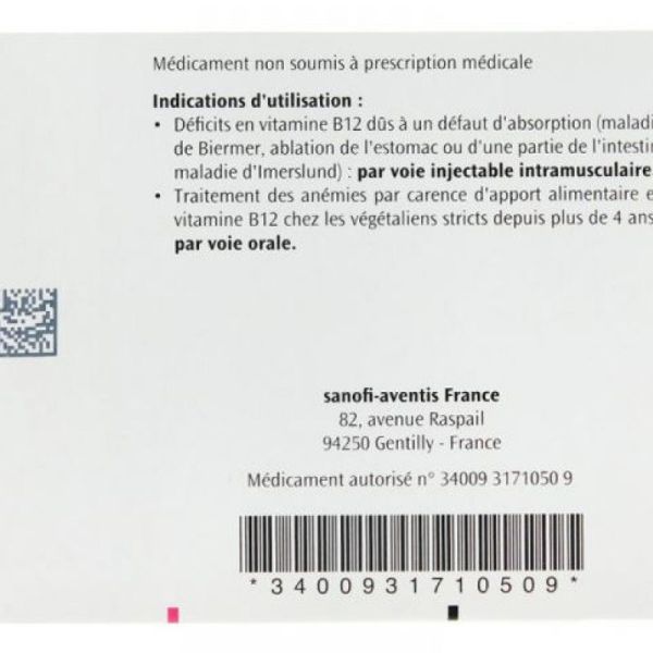 VITAMINE B12 DELAGRANGE 1000 microgrammes/2 ml, solution injectable (IM) et buvable