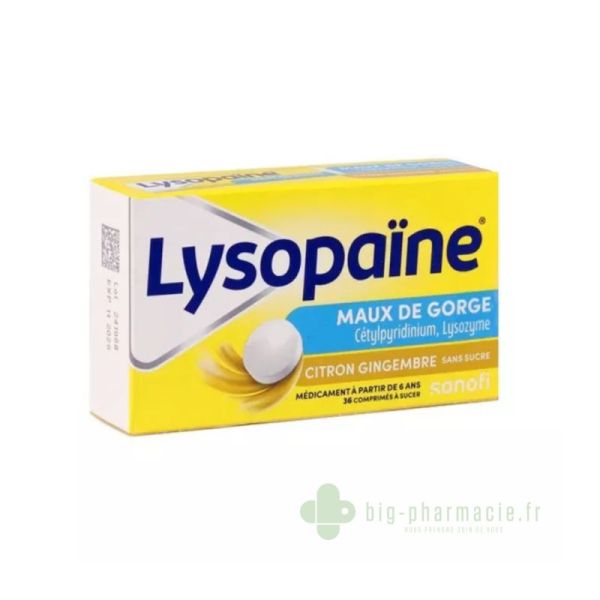 Lysopaine maux de gorge, citron gingembre sans sucre, comprimé à sucer édulcoré au sor